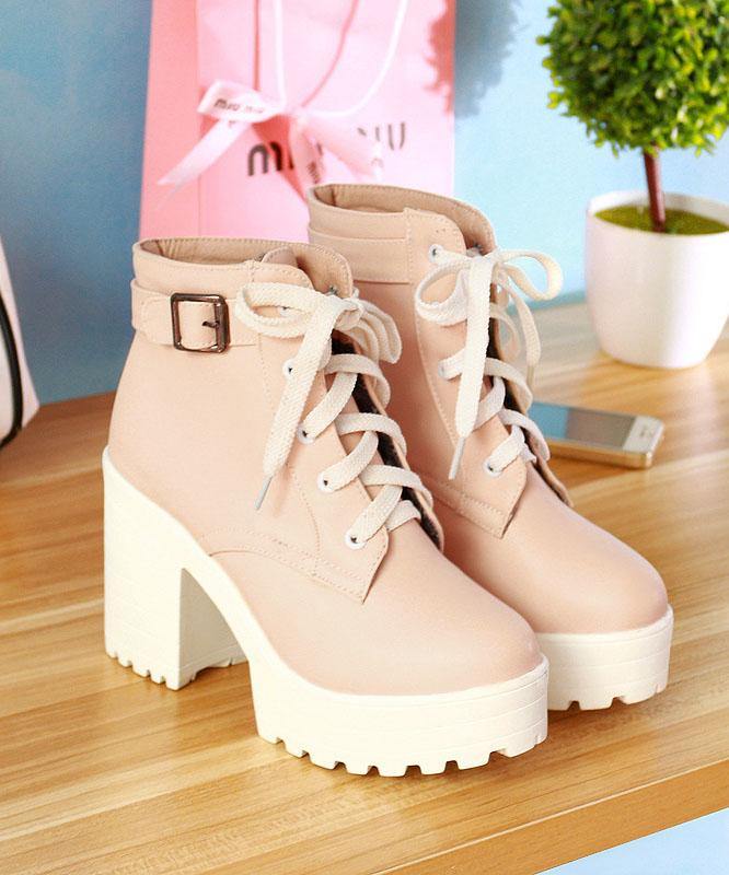 Cross Strap Chunky Boots Pink Faux Leather