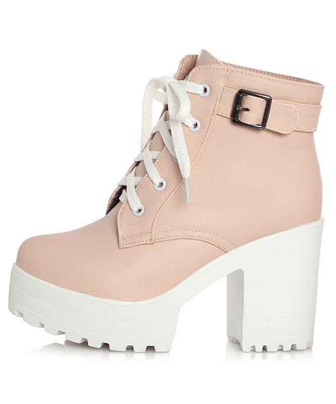 Cross Strap Chunky Boots Pink Faux Leather