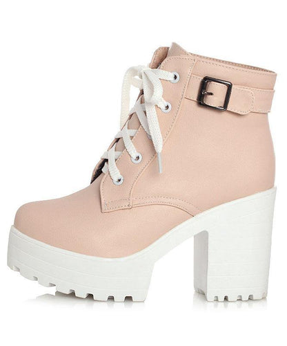 Cross Strap Chunky Boots Pink Faux Leather
