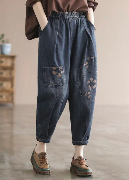 Dark Blue Elastic Waist Pockets Patchwork Applique Print Cotton Harem Pants Fall