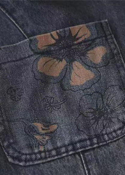 Dark Blue Elastic Waist Pockets Patchwork Applique Print Cotton Harem Pants Fall