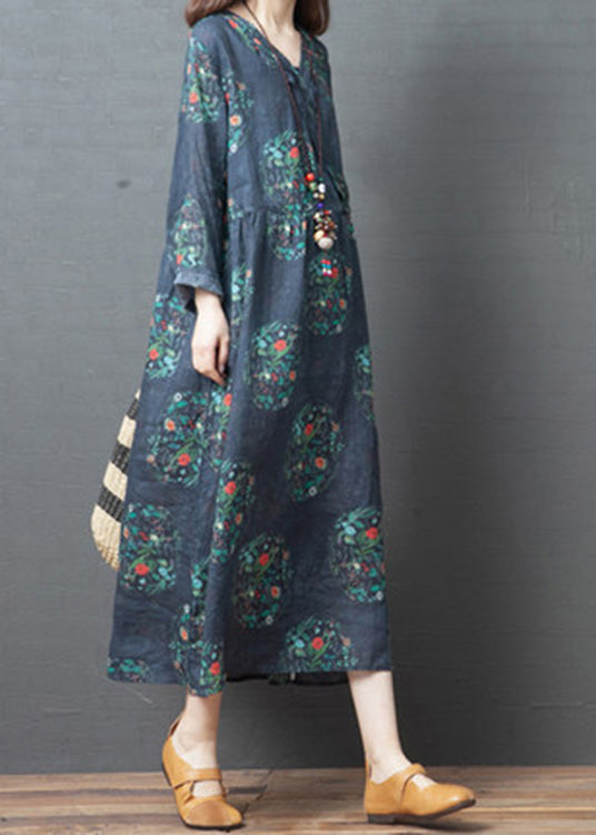 Dark Blue Print Linen Holiday Long Dress Spring