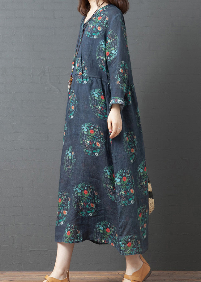 Dark Blue Print Linen Holiday Long Dress Spring