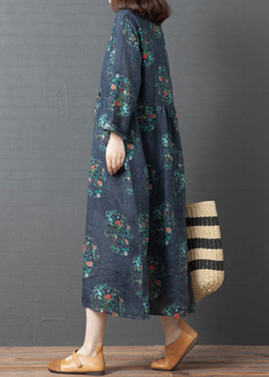 Dark Blue Print Linen Holiday Long Dress Spring