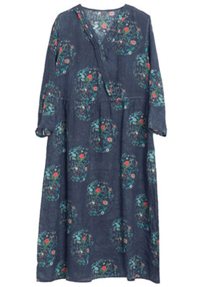 Dark Blue Print Linen Holiday Long Dress Spring