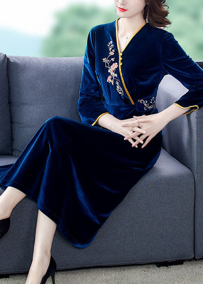 Dark Blue V Neck Embroidered Silk Velour Holiday Dress Long Sleeve
