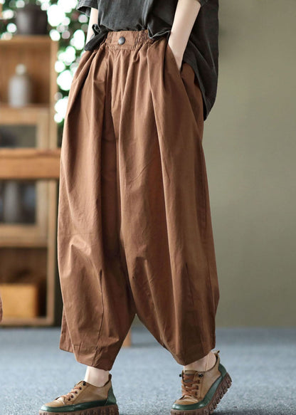 Dark Chocolate Elastic Waist Pockets Cotton Harem Pants Summer