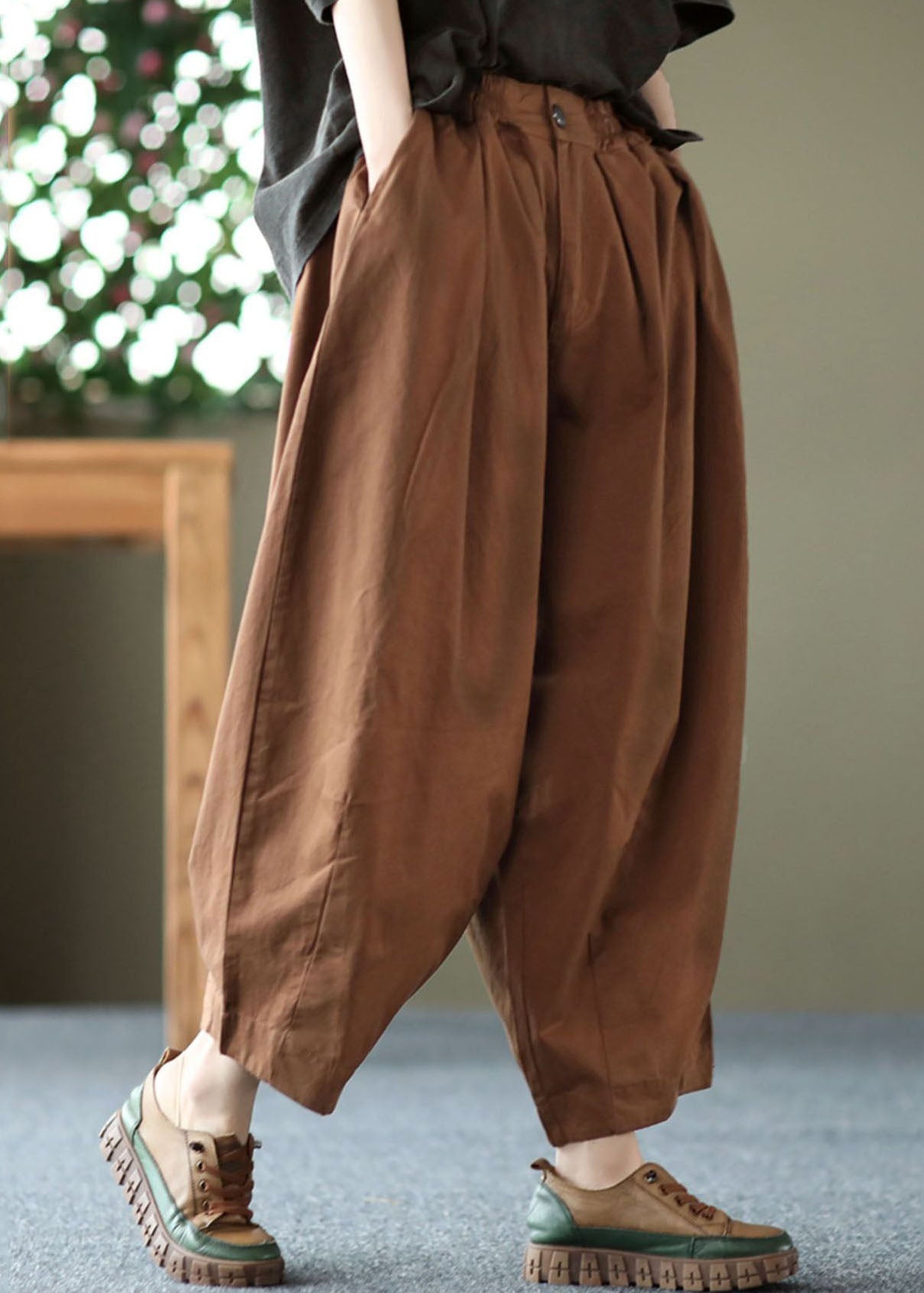 Dark Chocolate Elastic Waist Pockets Cotton Harem Pants Summer