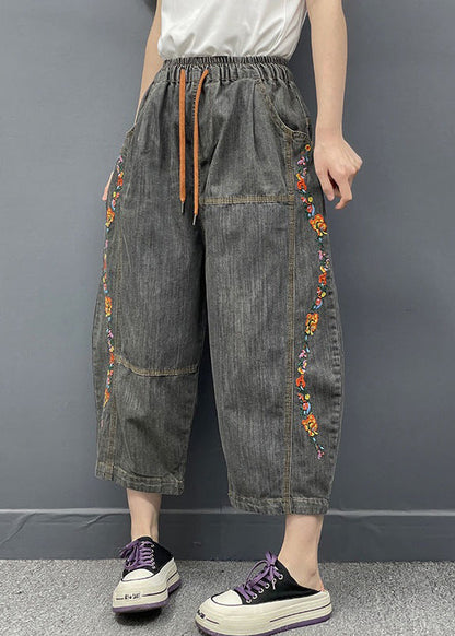 Dark Gray Embroidered Elastic Waist Denim Crop Pants Spring