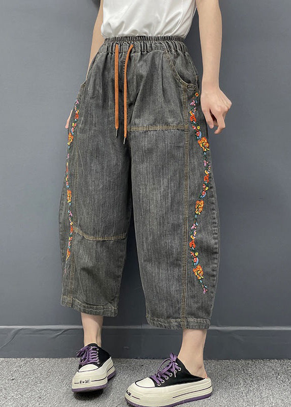 Dark Gray Embroidered Elastic Waist Denim Crop Pants Spring