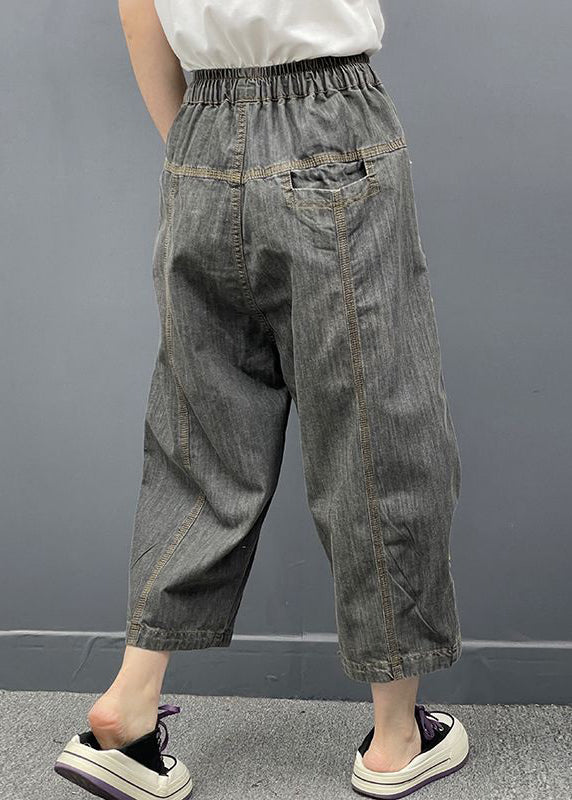 Dark Gray Embroidered Elastic Waist Denim Crop Pants Spring