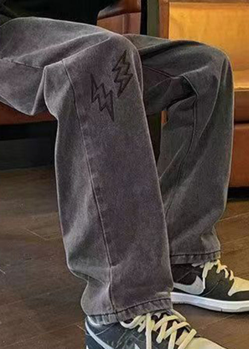 Dark Gray Embroideried High Waist Cotton Pants Summer