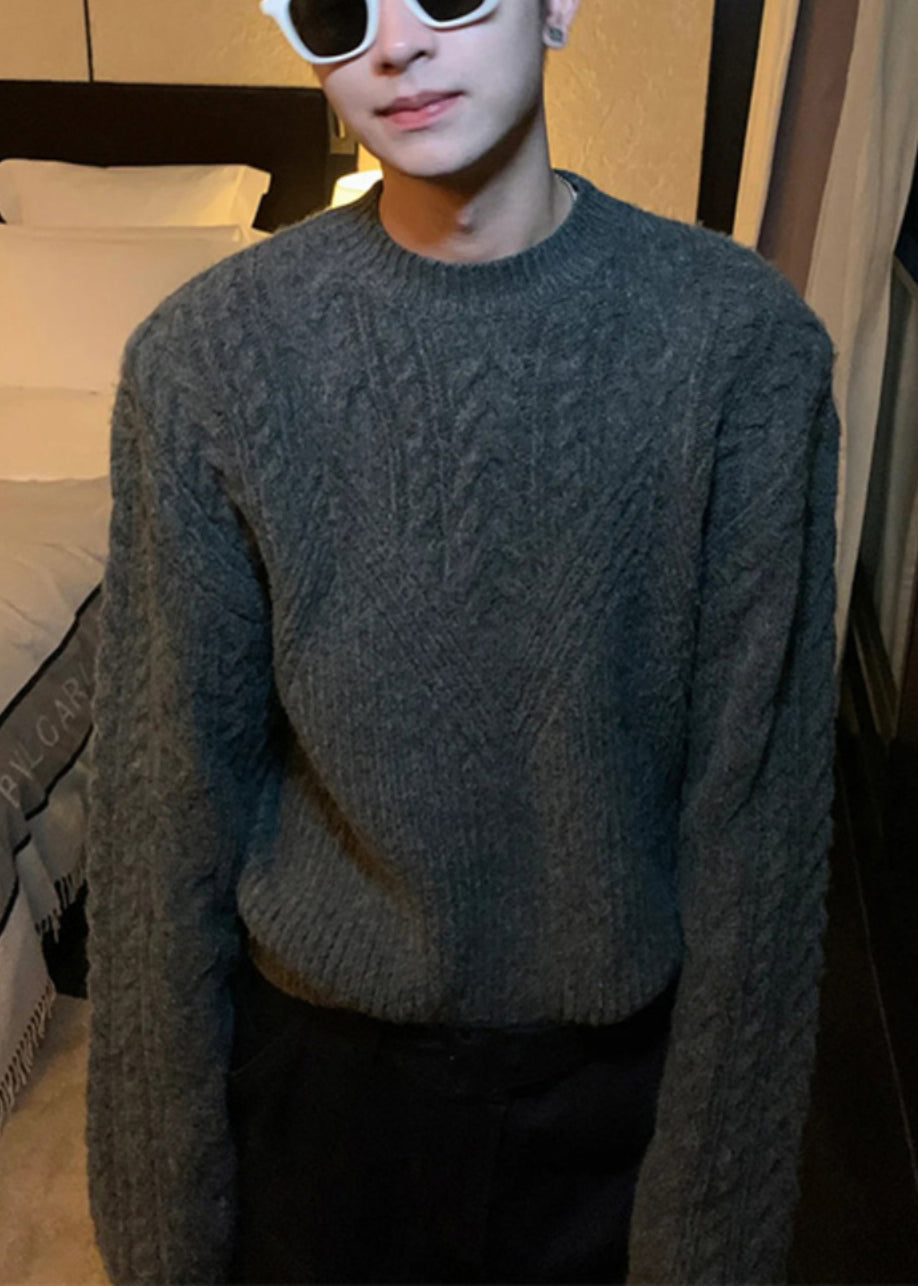 Dark Gray O Neck Thick Cable Knit Sweaters Spring