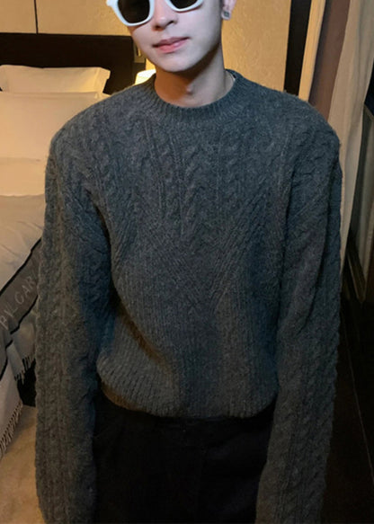 Dark Gray O Neck Thick Cable Knit Sweaters Spring