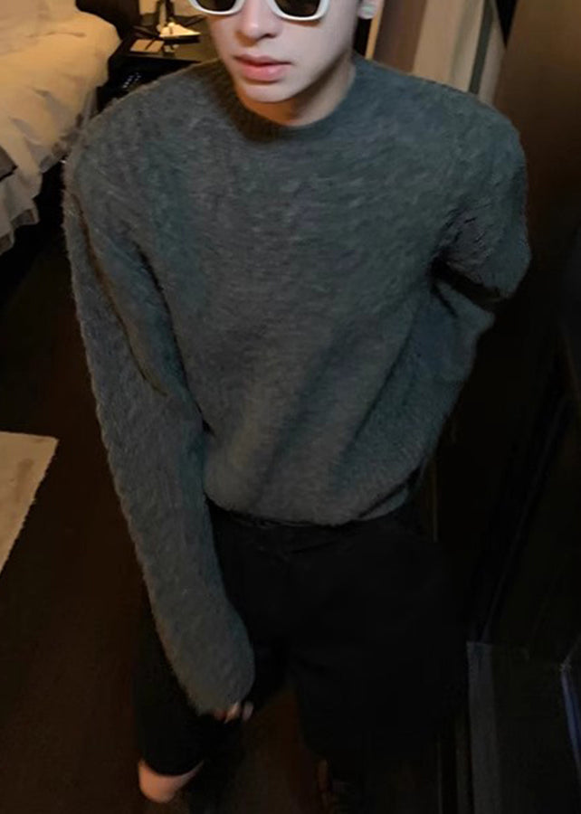 Dark Gray O Neck Thick Cable Knit Sweaters Spring