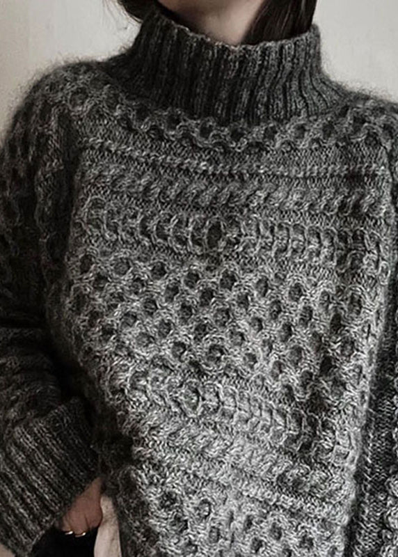 Dark Gray Turtleneck Patchwork Wool Knit Sweater Fall