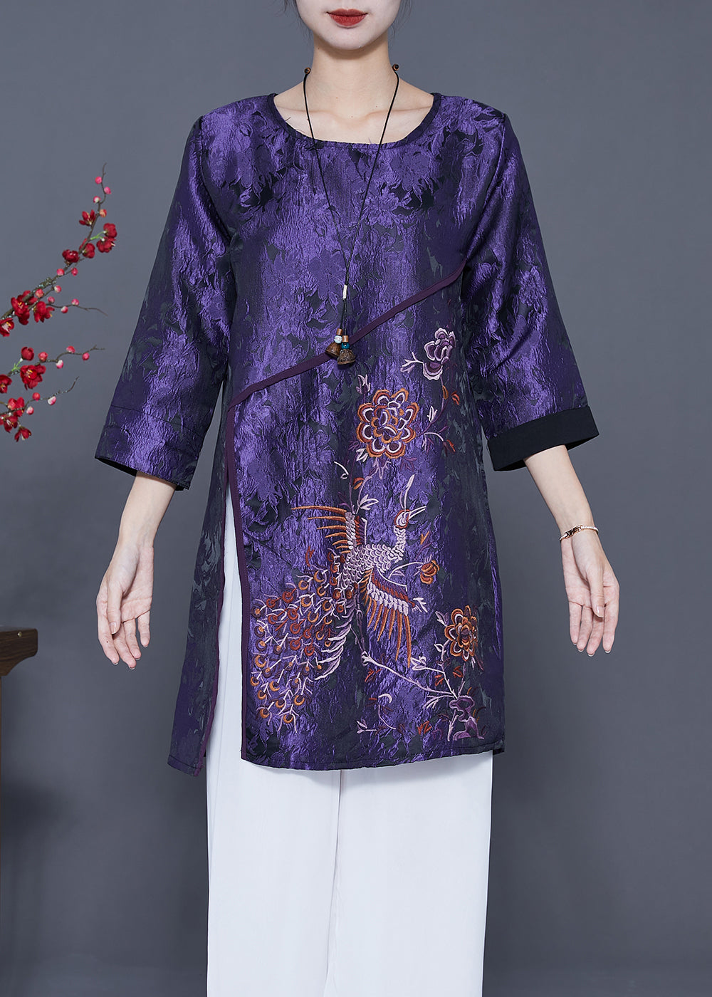 Dark Purple Embroideried Side Open Silk Shirts Bracelet Sleeve