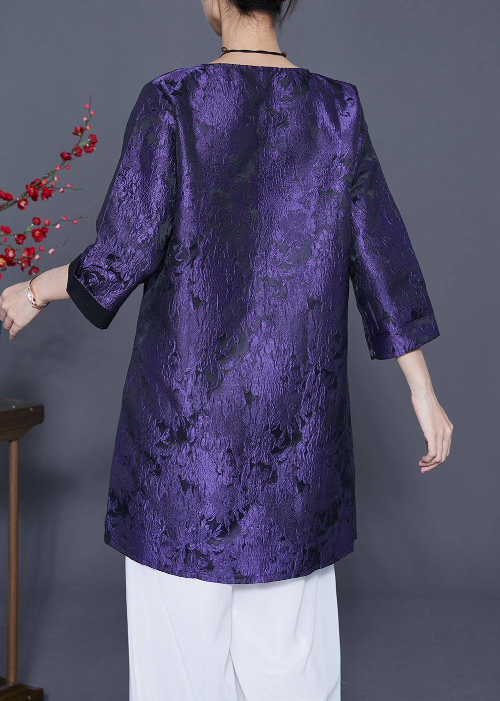 Dark Purple Embroideried Side Open Silk Shirts Bracelet Sleeve