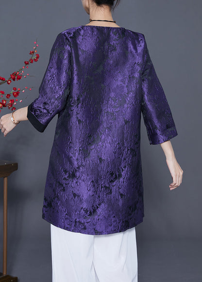 Dark Purple Embroideried Side Open Silk Shirts Bracelet Sleeve