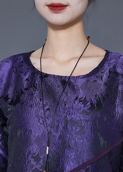 Dark Purple Embroideried Side Open Silk Shirts Bracelet Sleeve