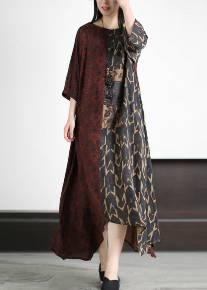 Dark Red O-neck Asymmetrical Print Patchwork Silk Maxi Dress Half Sleeve