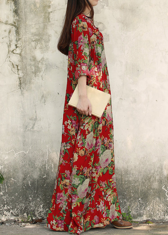 Dark Red O-neck Pocket Print Cotton Long Dresses Long Sleeve