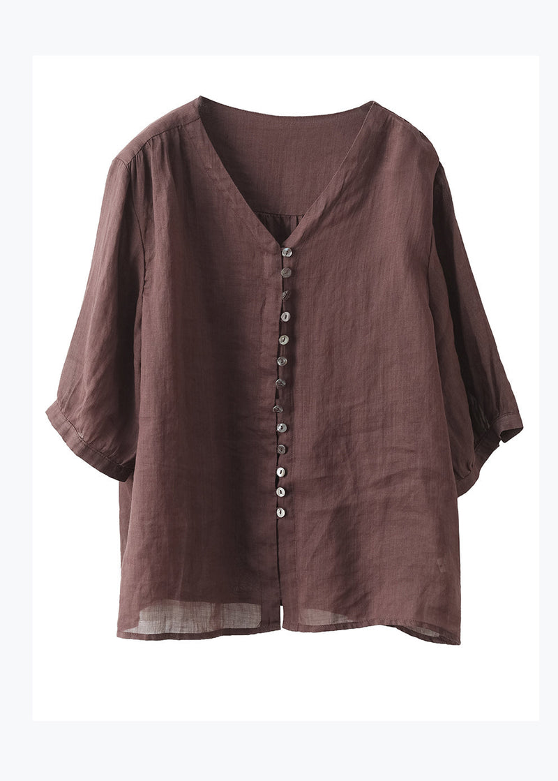 Deep Red V Neck Button Patchwork Linen Shirt Top Summer