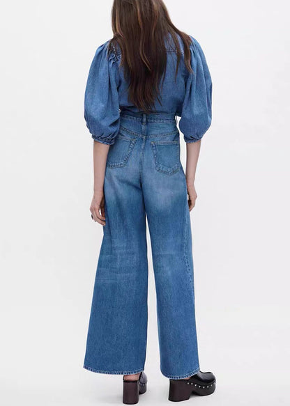 Denim Blue Button Shirts and Pants Two Pieces Set Half Sleeve