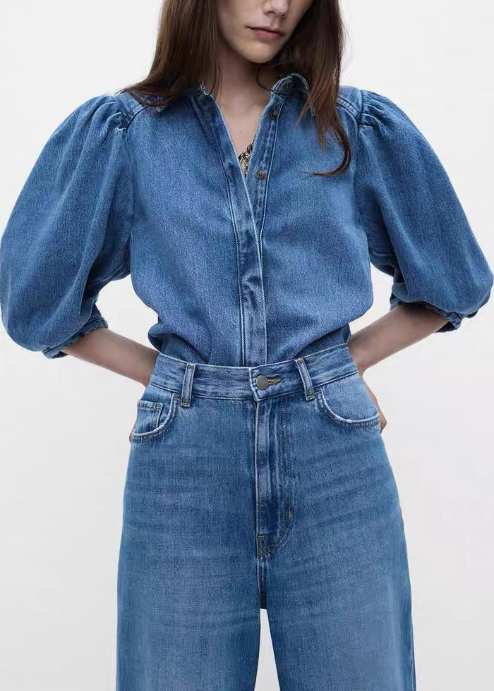 Denim Blue Button Shirts and Pants Two Pieces Set Half Sleeve