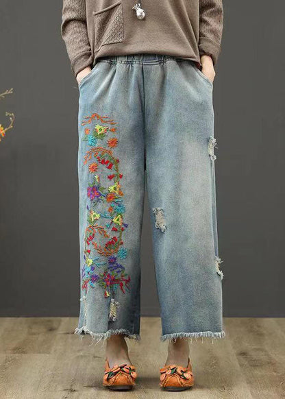 Denim Blue Elastic Waist Embroideried Cotton Wide Leg Pants Summer