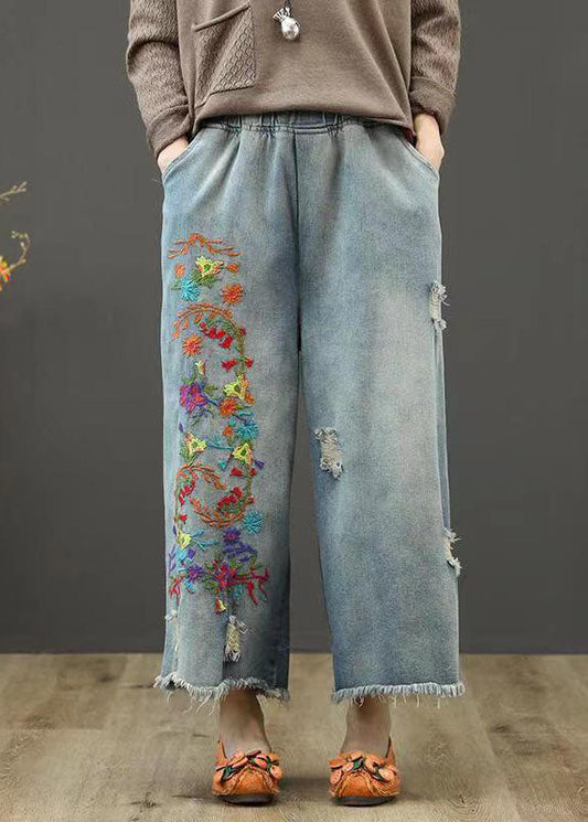 Denim Blue Elastic Waist Embroideried Cotton Wide Leg Pants Summer