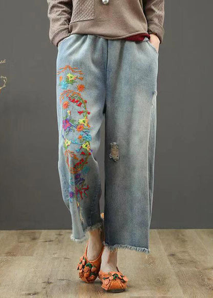 Denim Blue Elastic Waist Embroideried Cotton Wide Leg Pants Summer