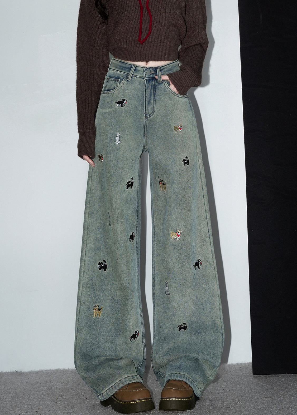 Denim Blue Embroidered Pockets Warm Fleece Pants