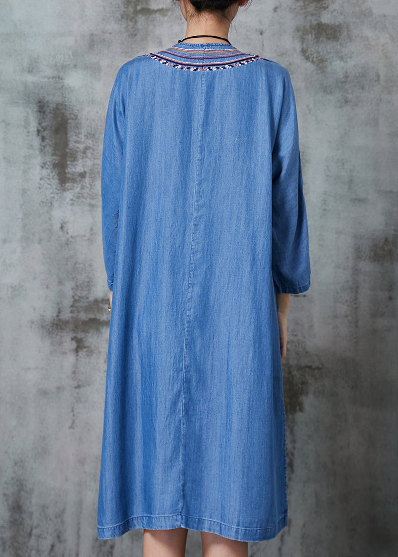 Denim Blue Embroidered Side Open Dresses Summer