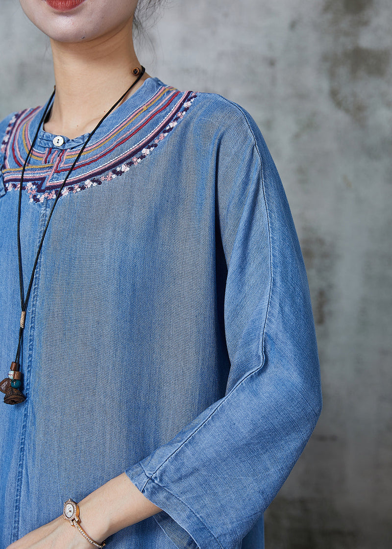 Denim Blue Embroidered Side Open Dresses Summer