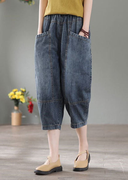 Denim Blue High Waist Pockets Cotton Crop Pants Summer