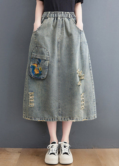 Denim Blue Hole Elastic Waist a Line Skirts Summer