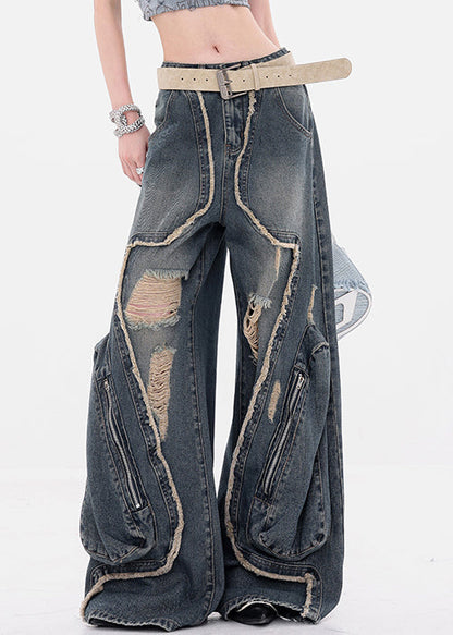 Denim Blue Hole Zippered High Waist Wide Leg Pants Fall