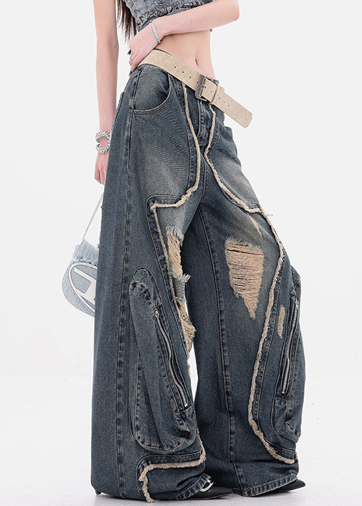 Denim Blue Hole Zippered High Waist Wide Leg Pants Fall