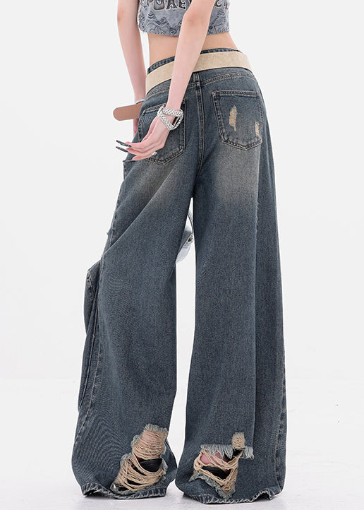 Denim Blue Hole Zippered High Waist Wide Leg Pants Fall