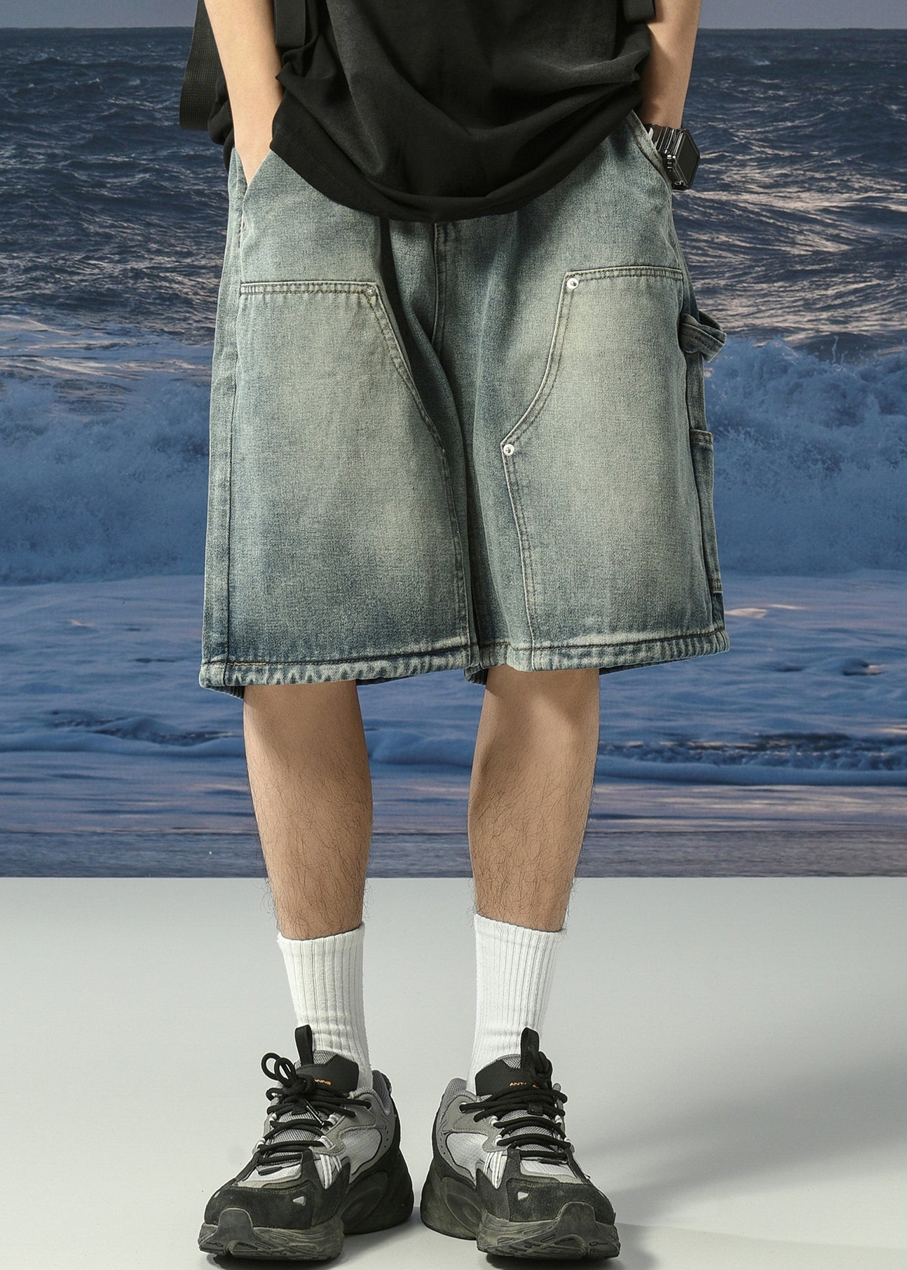 Denim Blue Lace Up Pockets Shorts Summer