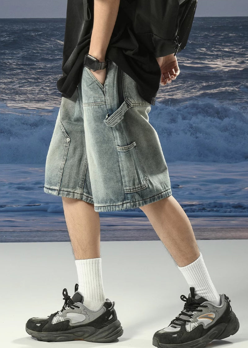 Denim Blue Lace Up Pockets Shorts Summer