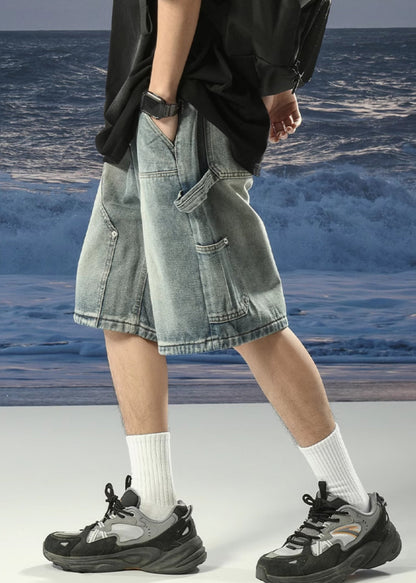 Denim Blue Lace Up Pockets Shorts Summer