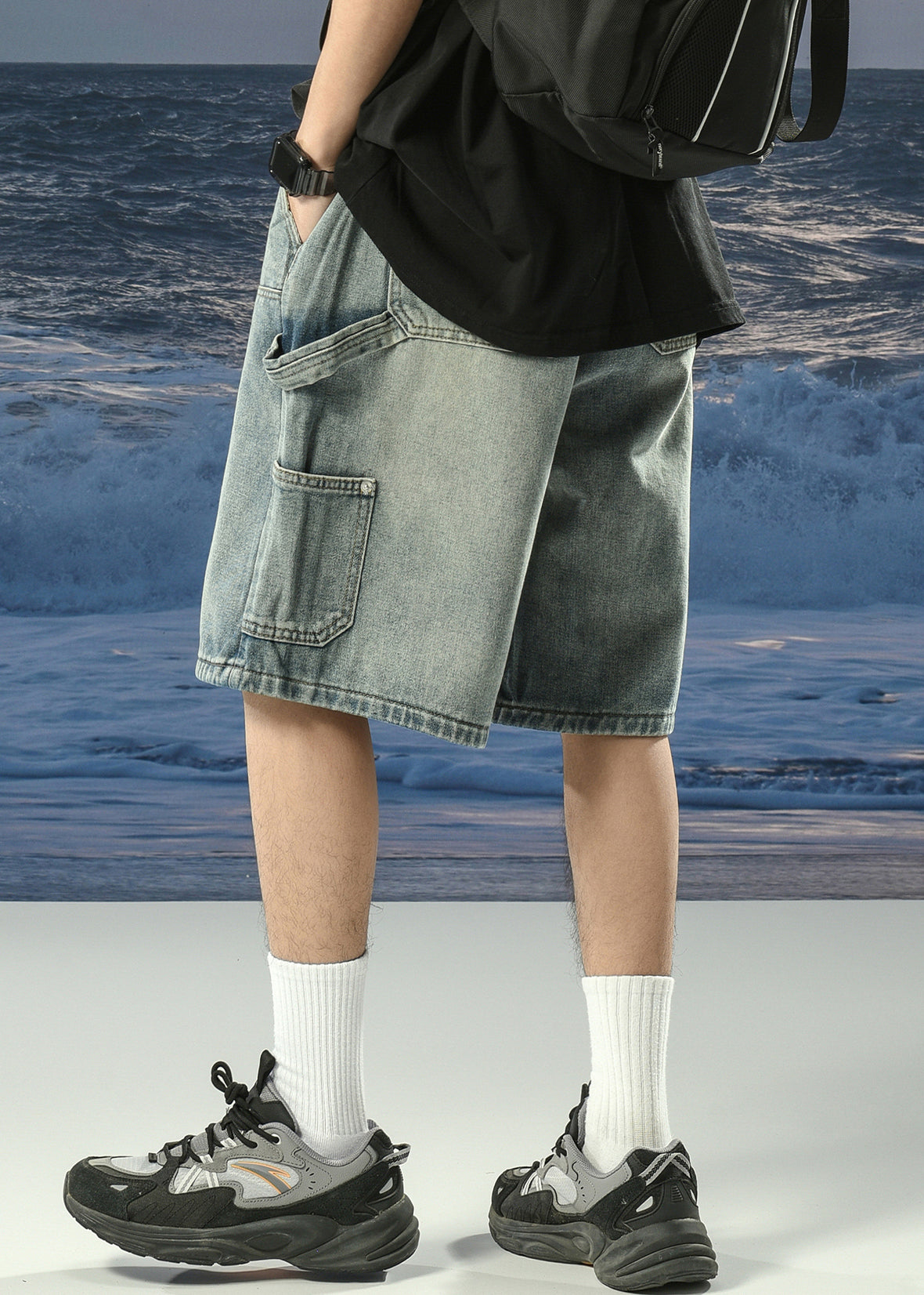 Denim Blue Lace Up Pockets Shorts Summer