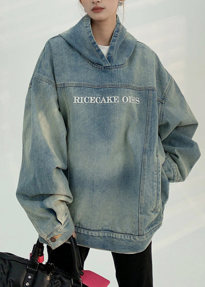 Denim Blue Patchwork Embroidered Hooded Coat Spring