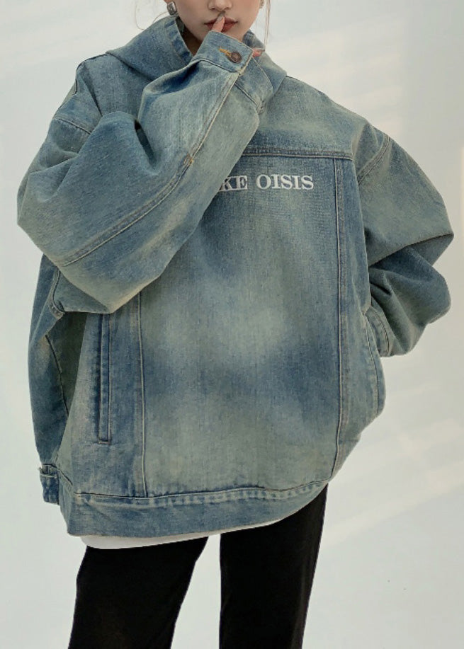 Denim Blue Patchwork Embroidered Hooded Coat Spring