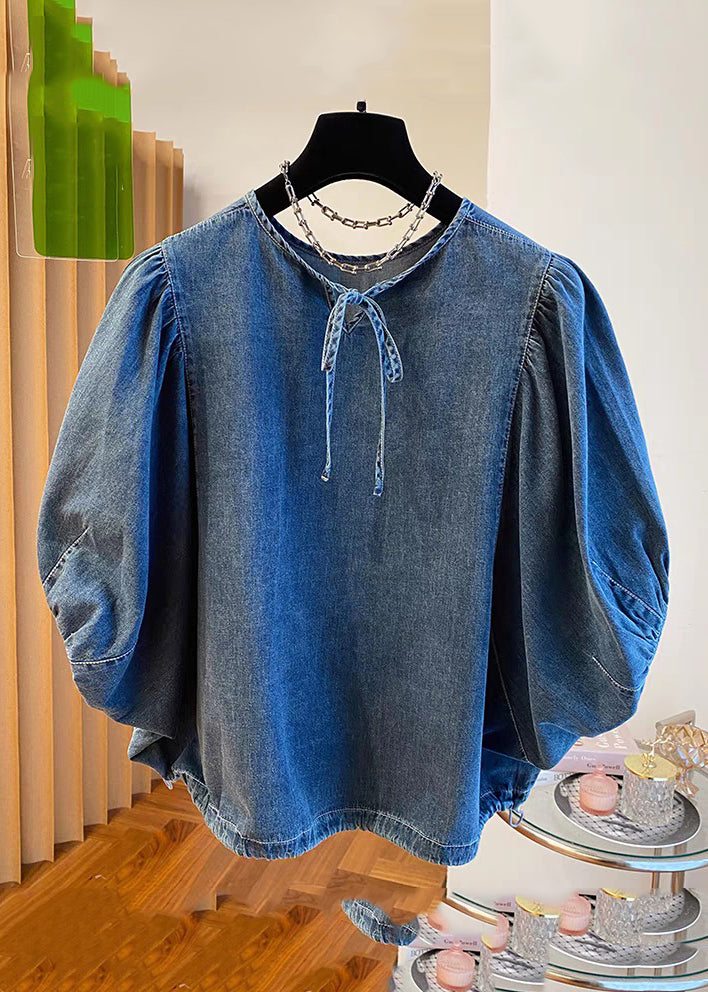 Denim Blue Patchwork Tie Lace Tops Summer