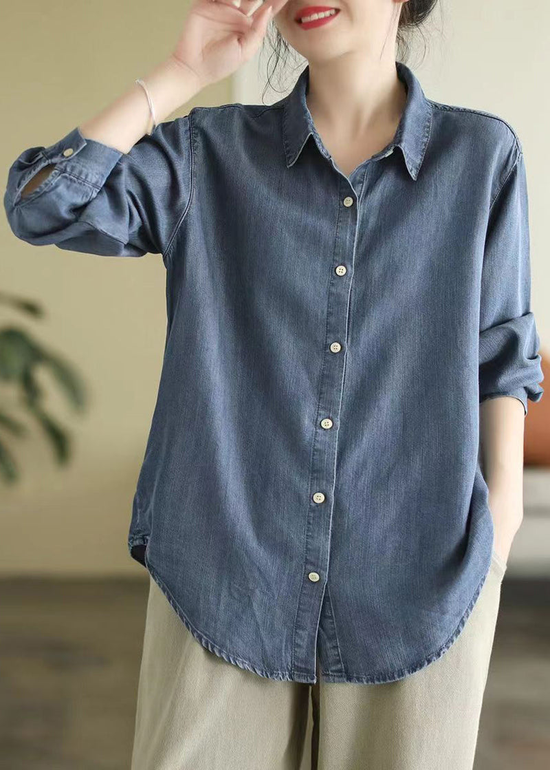 Denim Blue Peter Pan Collar Patchwork Button Shirt Long Sleeve