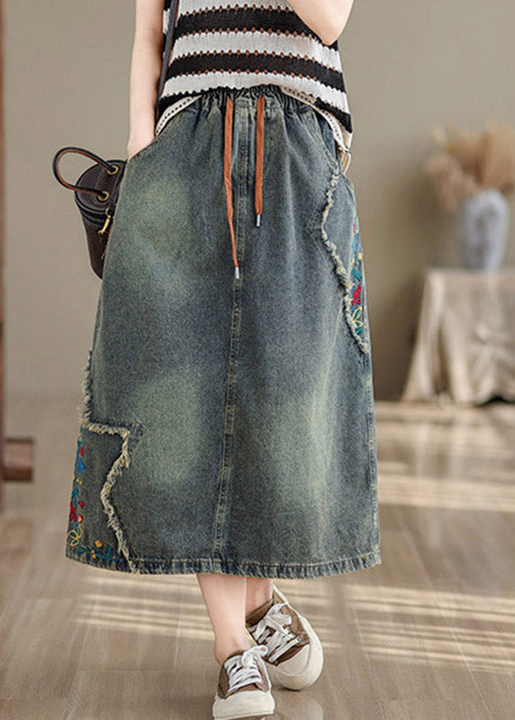 Denim Blue Pockets Patchwork Tie Waist Maxi Skirt Summer