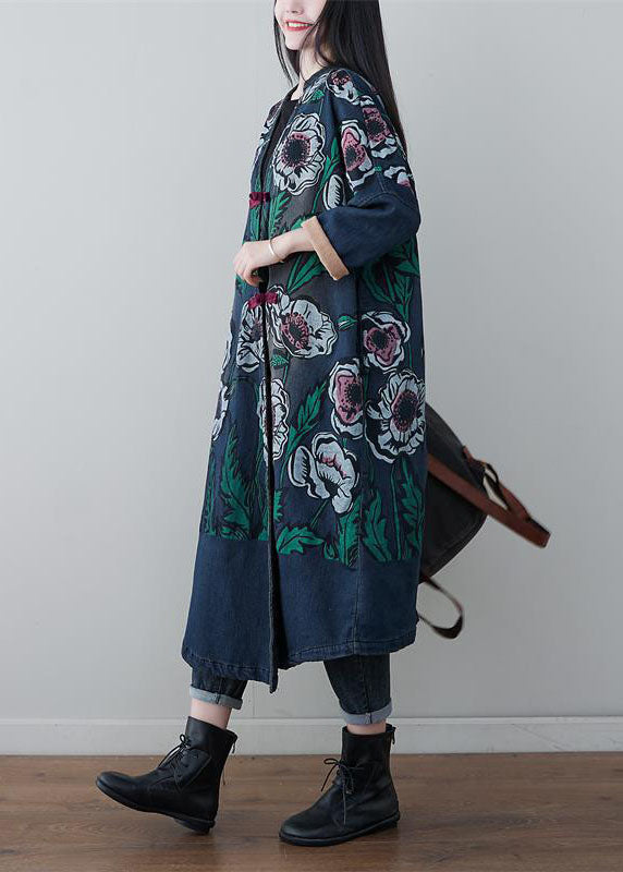 Denim Blue V Neck Patchwork Print Cotton Coats Spring